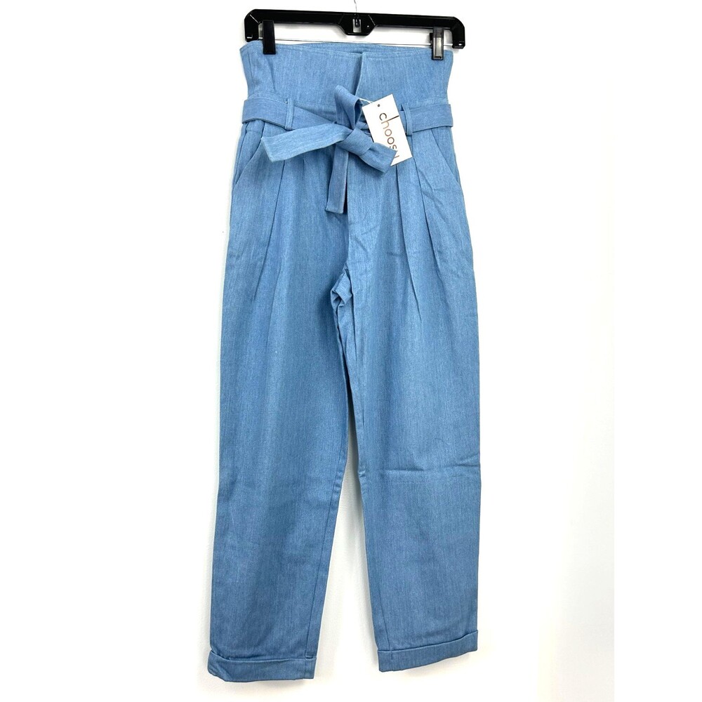 Choosy Ludlow Womens Sz 0 Paper bag Pants Blue Cotton Cuffed Cropped Belt Tie E3